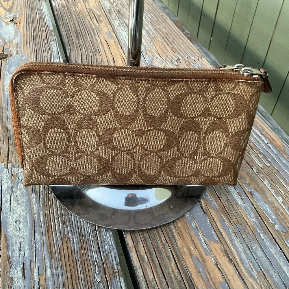 Coach Brown Signature Coated Canvas Double Corner Zip Wallet Wristlet/Purse